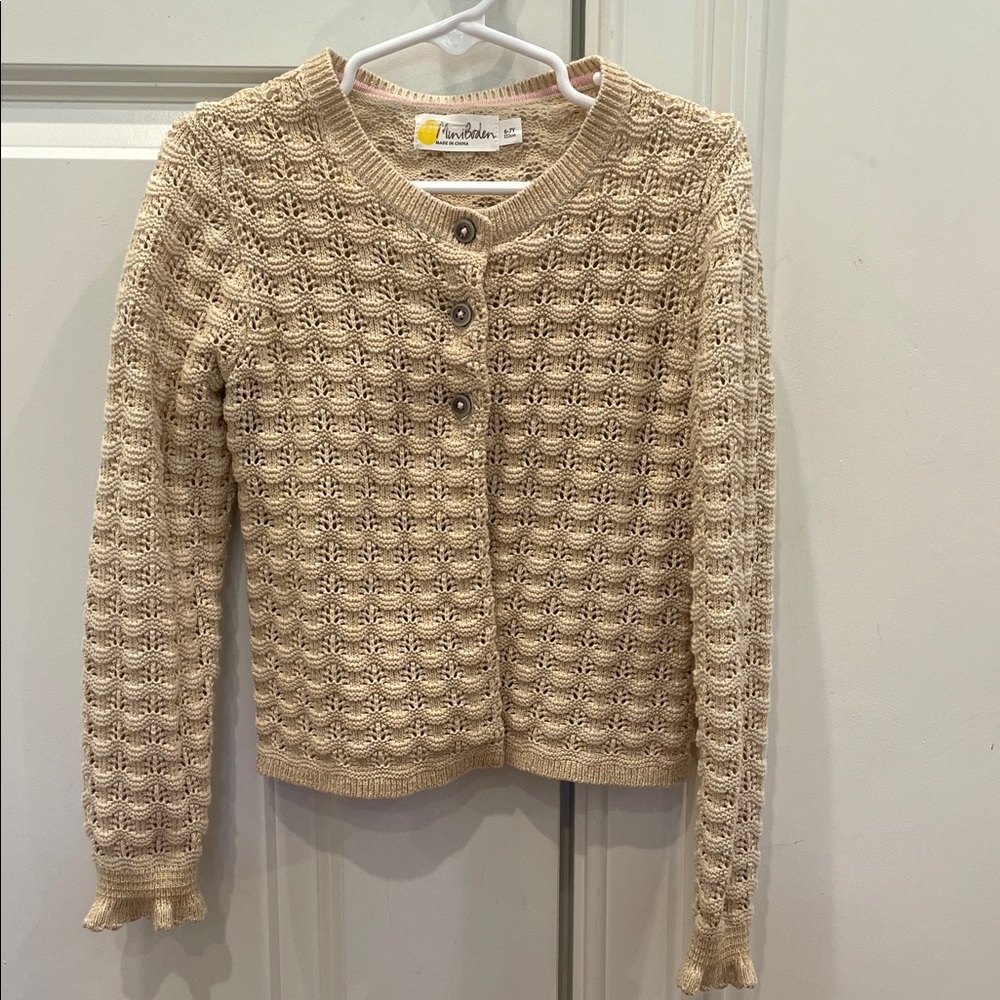 Mini Boden 6-7 Gold Shimmer Button-Up Sweater